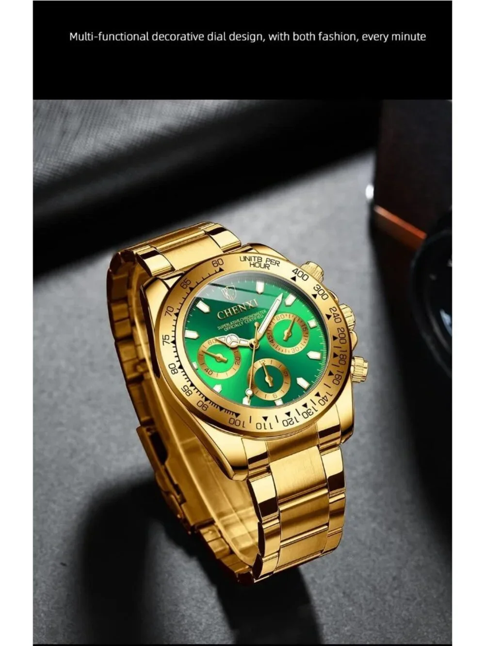 Men's Green Analog Quartz Gold Stainless Steel Crystals Classic Wrist Watch